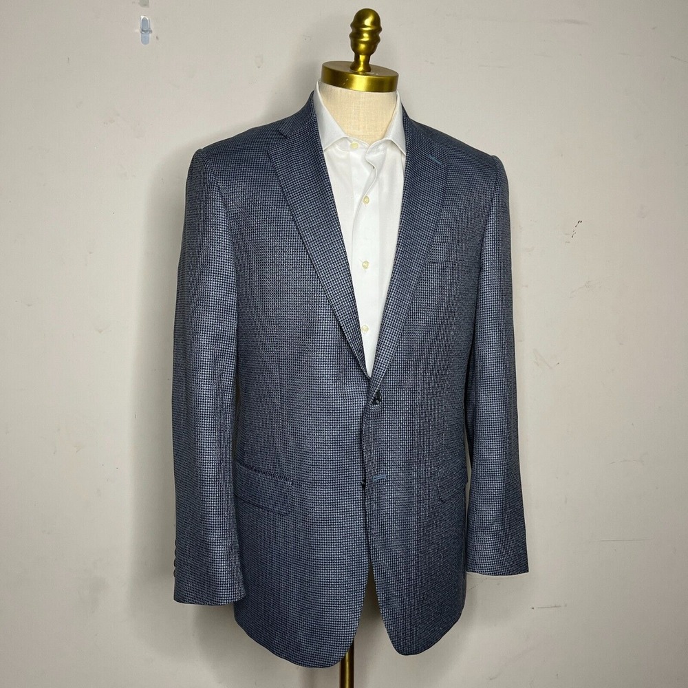 Hart Schaffner‎ & Marx Sport Coat Mens Blue Houndstooth Check Wool Size 42L
